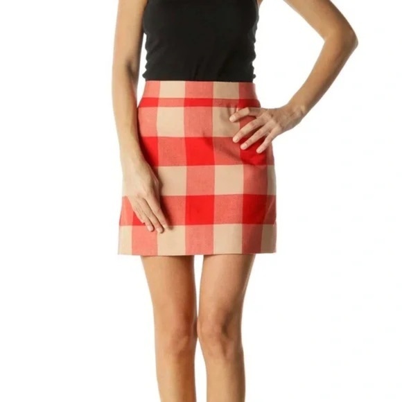 J. Crew GINGHAM Red and Tan WOOL Checkered LINED Skirt SZ MED 8 - Picture 2 of 5
